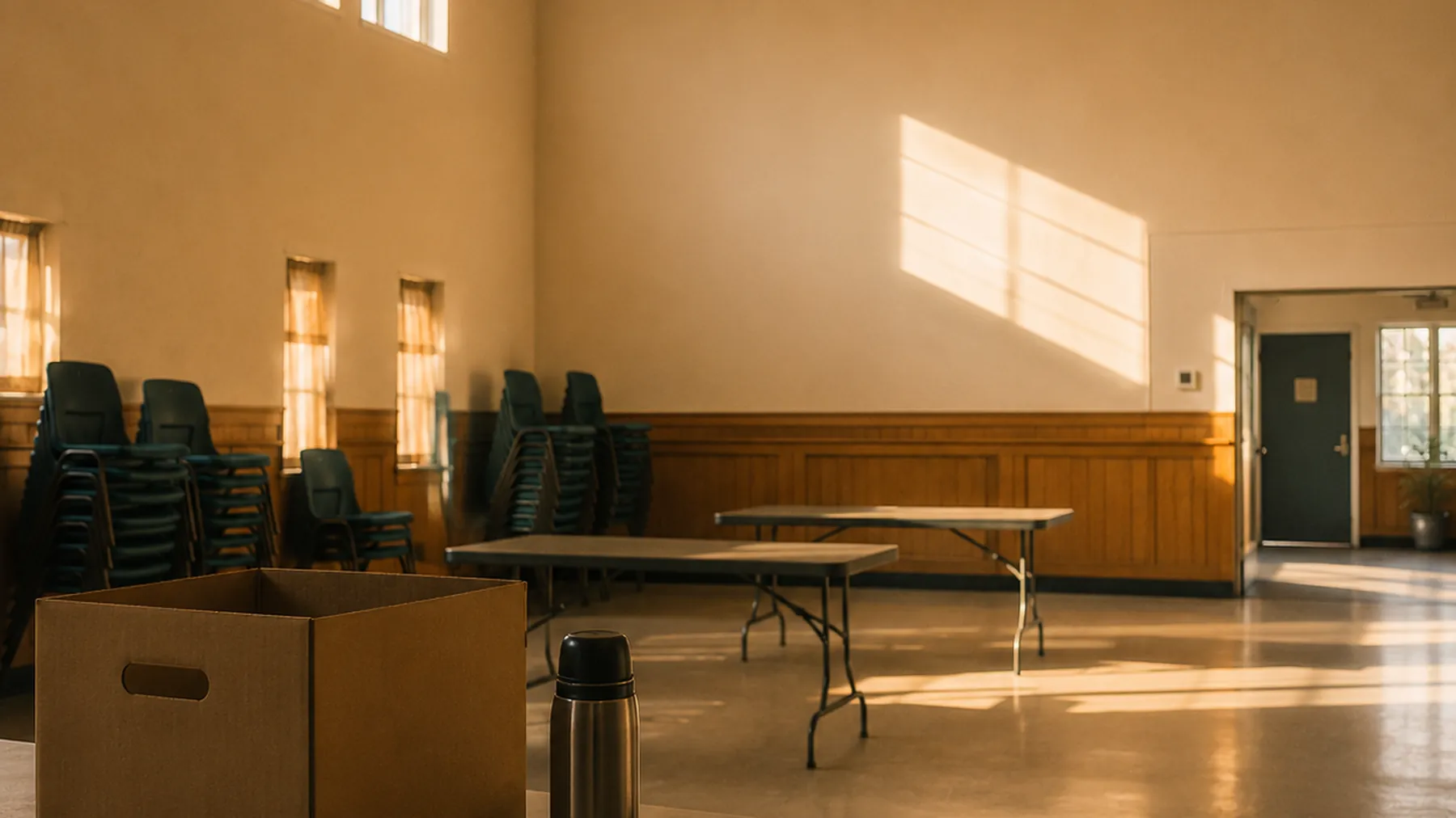 A quiet community hall with chairs stacked at the end of a gathering.
