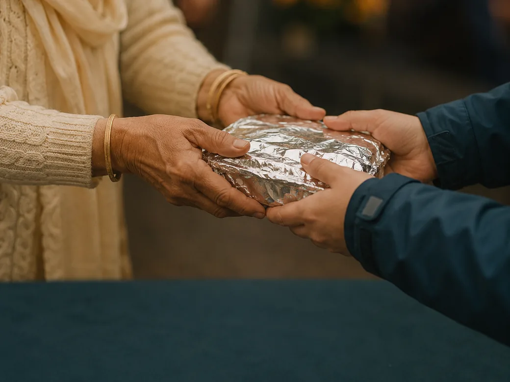 Two pairs of hands passing a warm tray of food across a table.