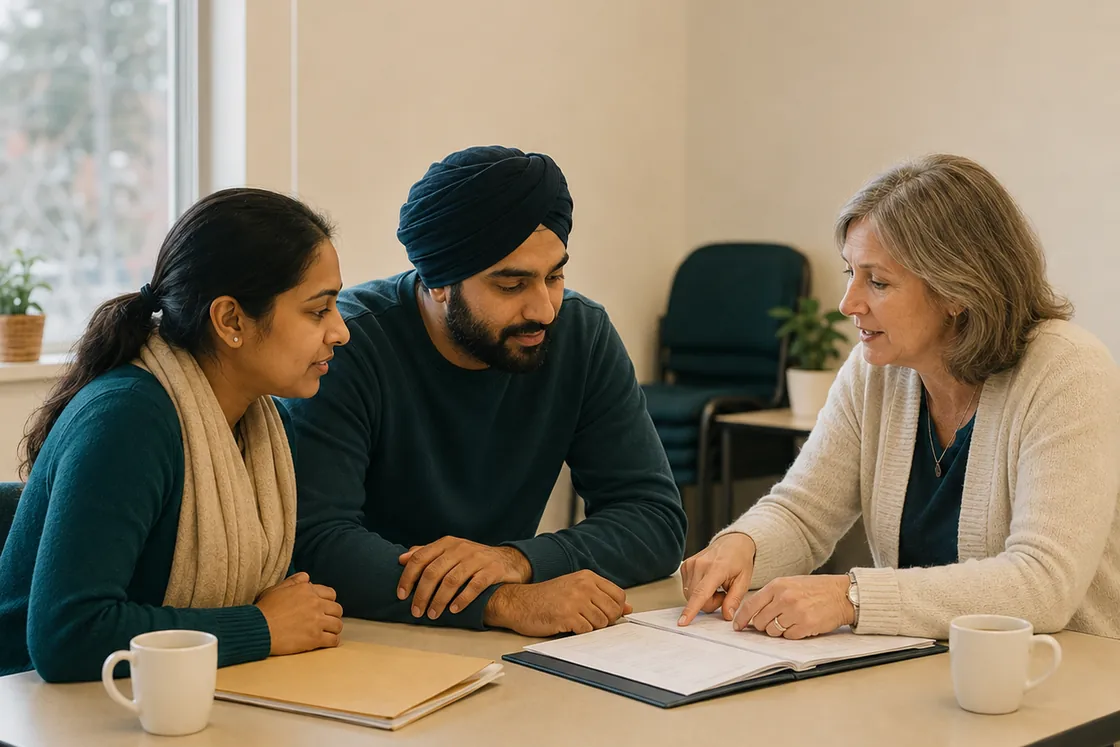 People sitting around a table going through papers together.