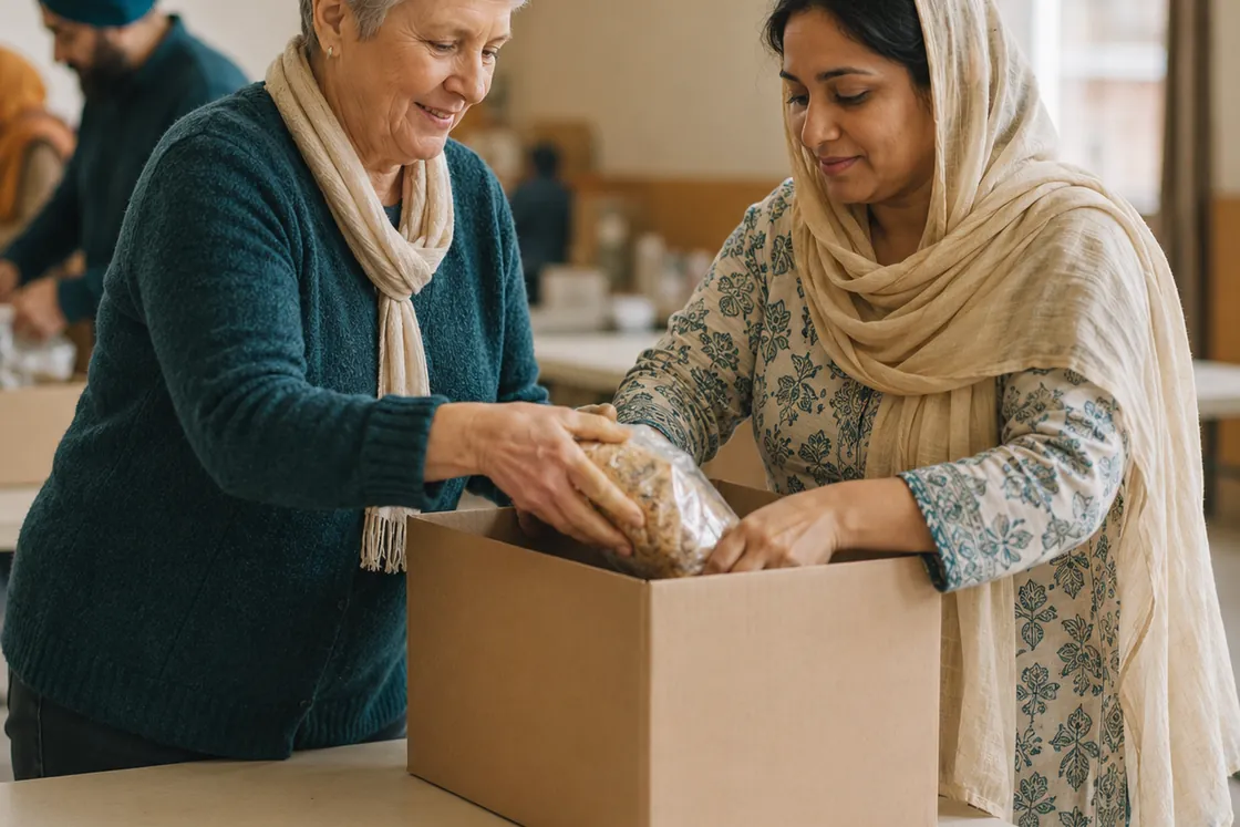 Hands packing tinned food and staples into a cardboard box.