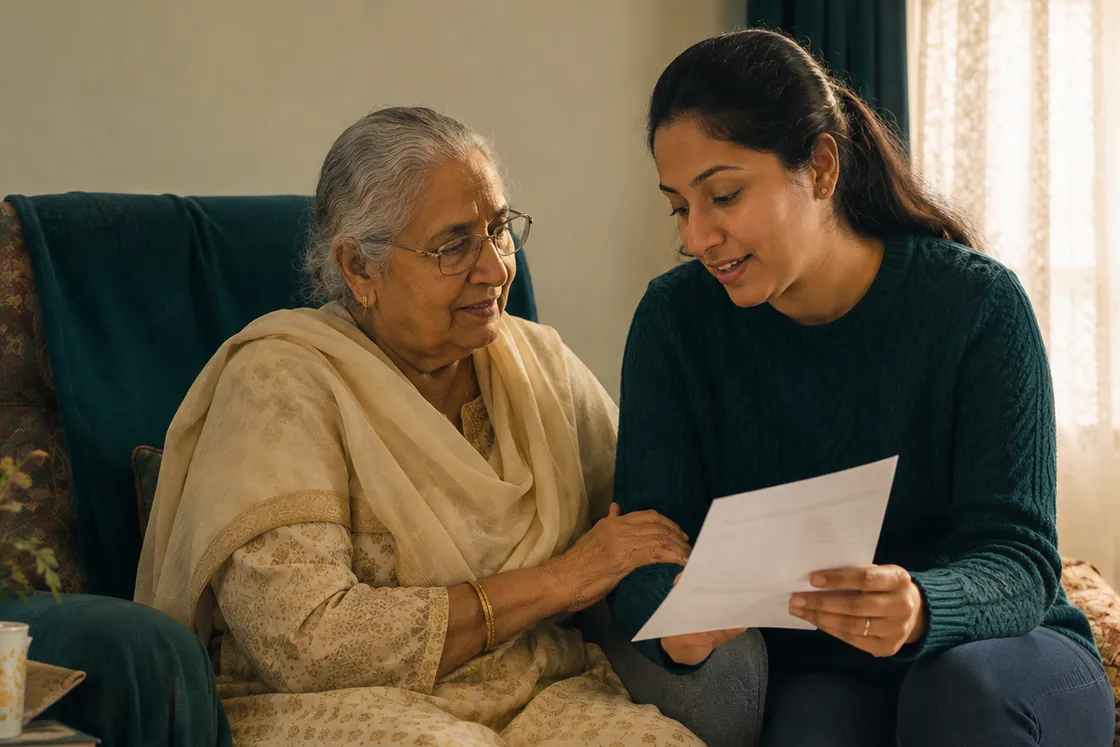 A younger volunteer sitting with an older person, reading something through together.