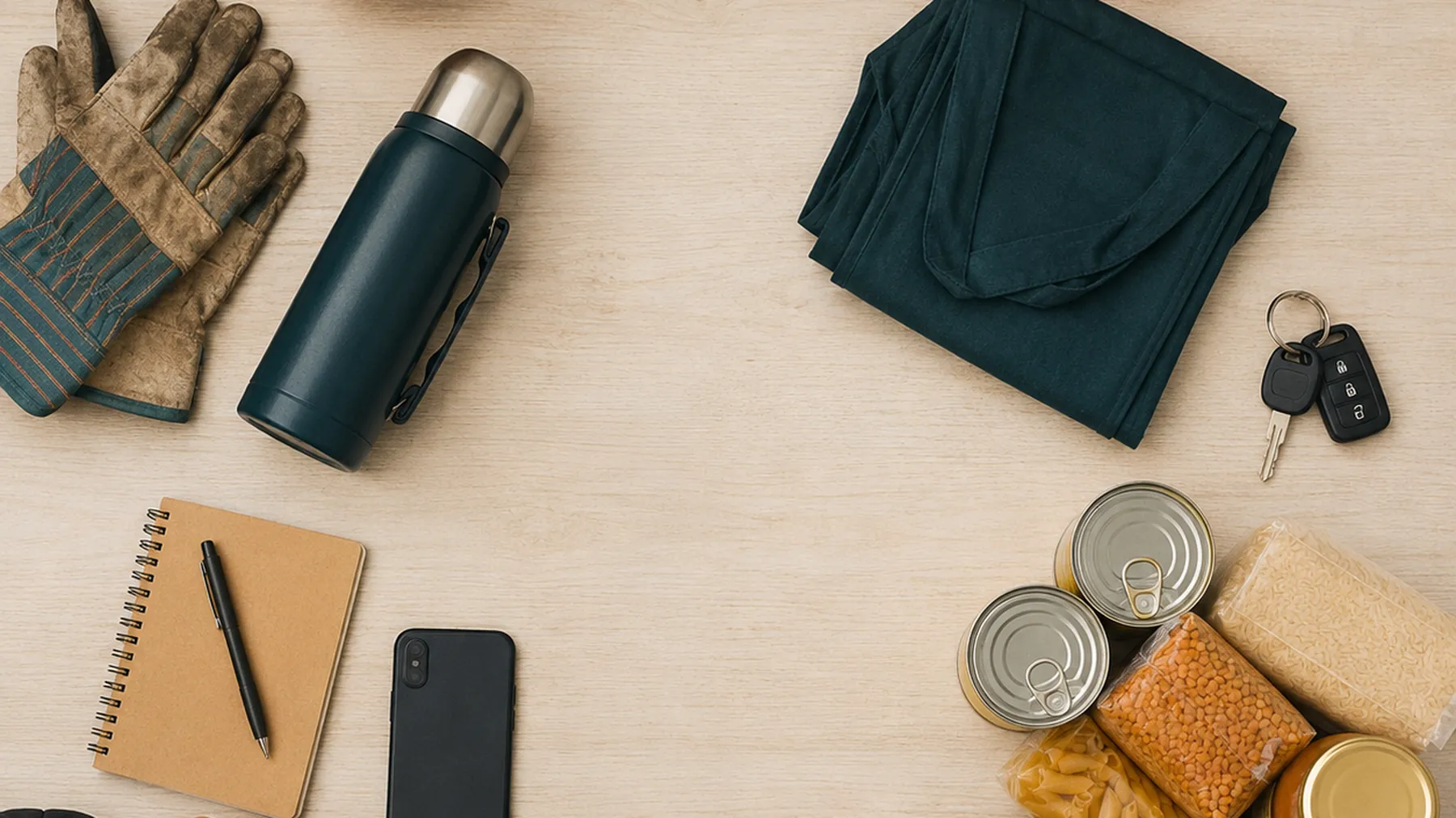 Gloves, a clipboard, a name badge and a water bottle on a wooden table.