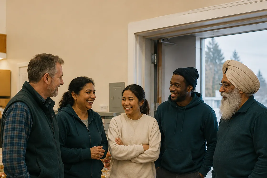 A group of volunteers of different backgrounds talking together near an open doorway.